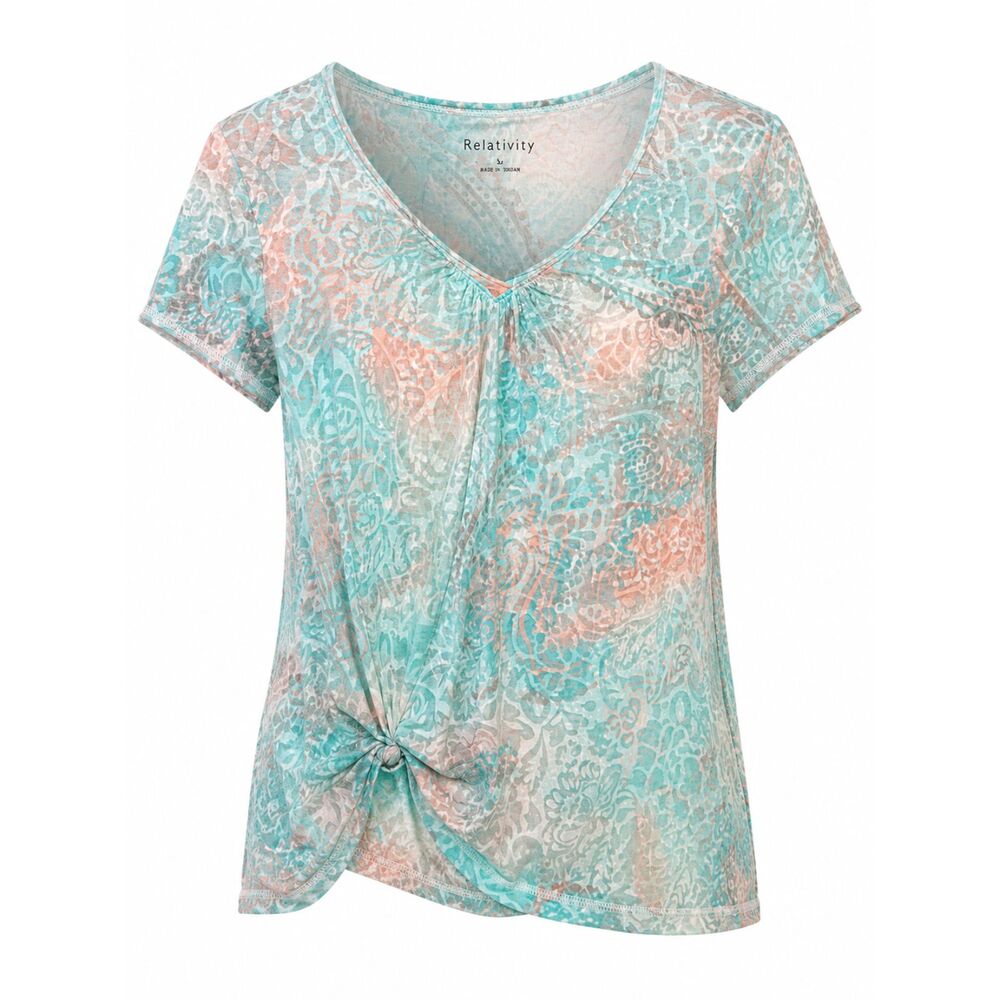 Relativity Paisley Tie Front V-Neck Top Large Aqua Peach